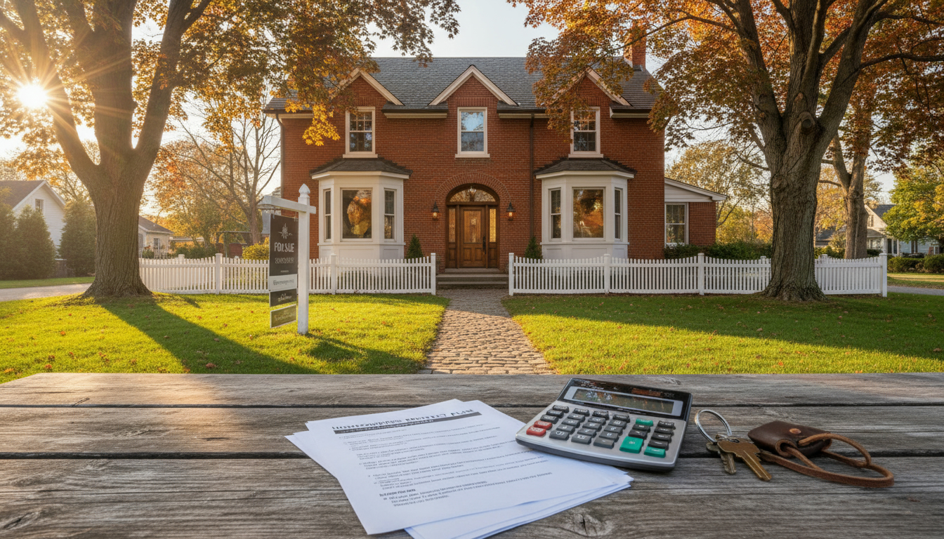 Heritage brick home in Georgetown Ontario with insurance document and calculator in foreground