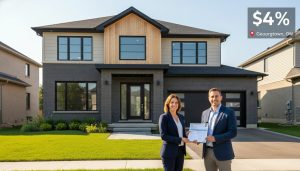 Georgetown Ontario home seller meeting with real estate agent in front yard, paperwork and commission graphic