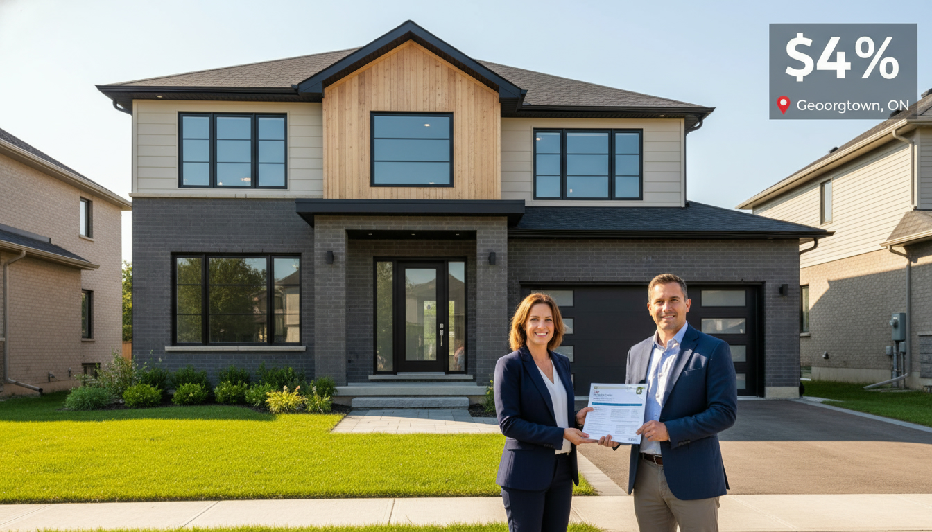 Georgetown Ontario home seller meeting with real estate agent in front yard, paperwork and commission graphic