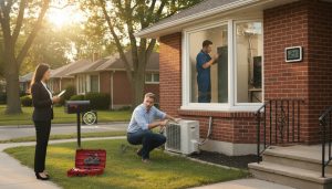 Homeowner checking outdoor AC unit and indoor furnace with realtor checklist in Georgetown, Ontario