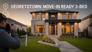 Georgetown Ontario home exterior with headline overlay 'Georgetown: Move-in Ready 3-Bed' and local map pin icon