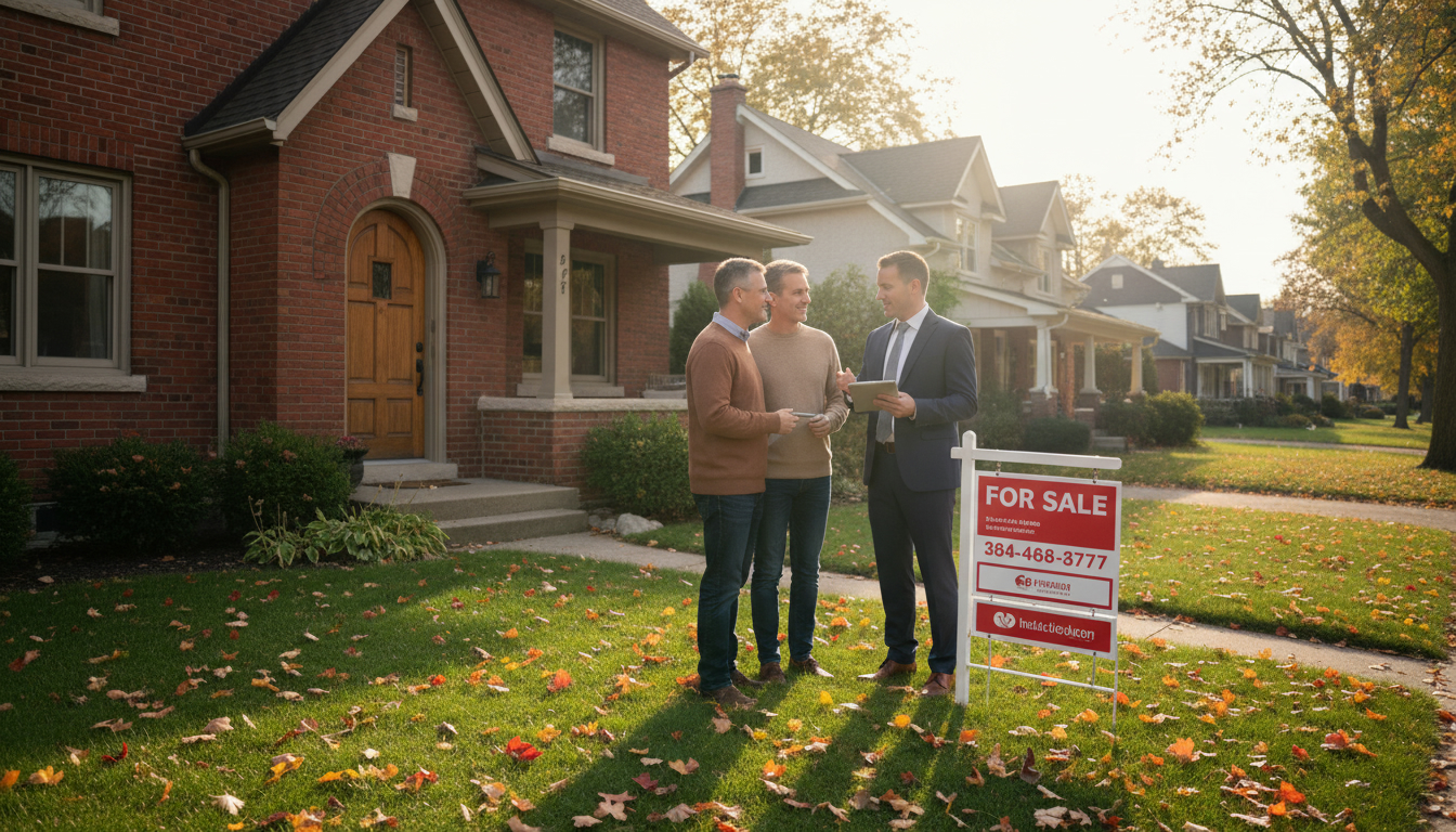 Homeowner and insurance broker discussing bundled insurance outside a Georgetown Ontario house with a For Sale sign.
