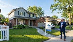 Suburban Georgetown home with For Sale sign, agent on phone, and a neighbour peeking behind a fence.