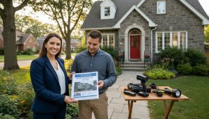 Real estate agent handing a detailed home inspection report to a homeowner outside a Georgetown, Ontario house with inspection tools visible.