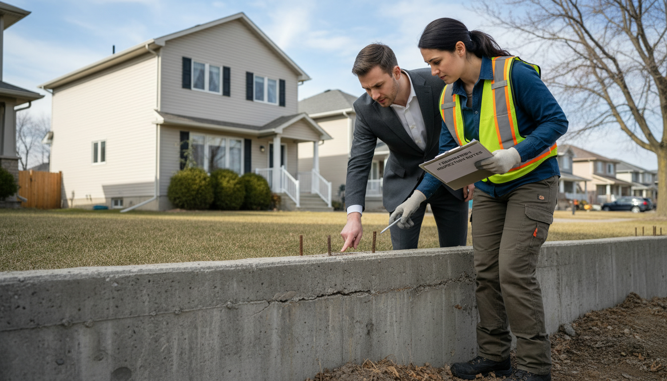 Real estate agent and structural engineer inspecting a house foundation in Georgetown, Ontario with clipboard and visible foundation crack.