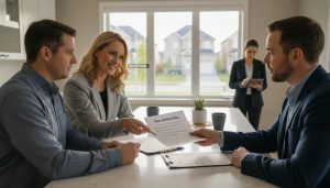 Realtor and homeowner reviewing mortgage documents in front of a Georgetown house, broker and bank officer in background.