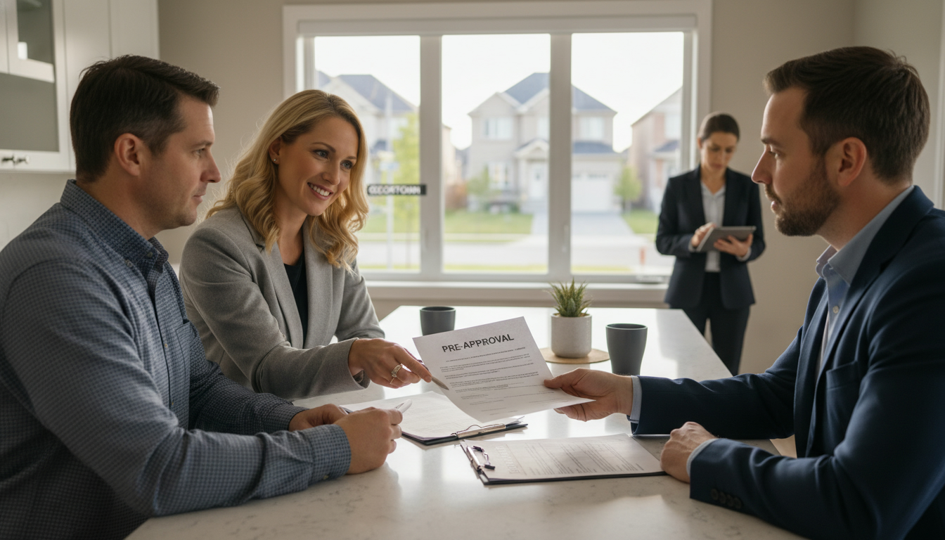 Realtor and homeowner reviewing mortgage documents in front of a Georgetown house, broker and bank officer in background.