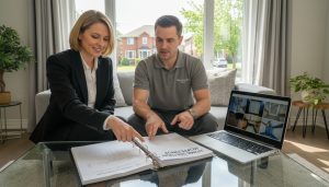 Realtor and home inspector reviewing inspection report inside a Georgetown, Ontario home