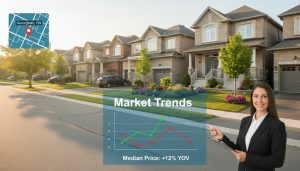 Georgetown Ontario houses with real estate market charts overlay showing trend lines