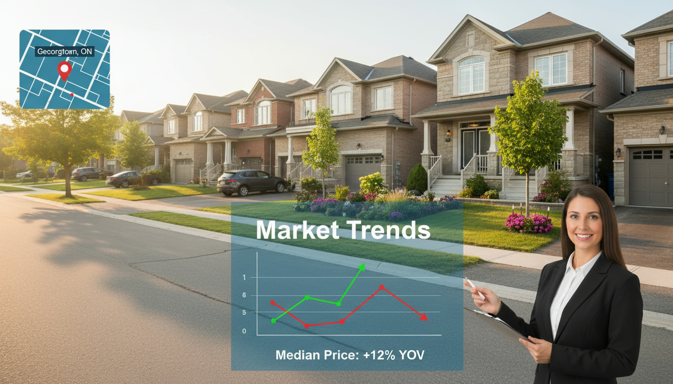 Georgetown Ontario houses with real estate market charts overlay showing trend lines