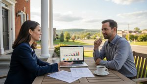 Realtor advising self-employed buyer with mortgage documents outside a Georgetown, Ontario house