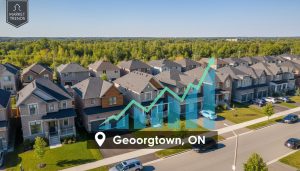Georgetown Ontario homes—detached houses and townhouses with rising market trend arrows overlay
