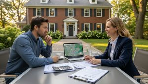Realtor and homeowner reviewing closing documents with calculator and checklist in front of a Georgetown Ontario house