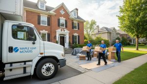 Professional movers loading labeled boxes outside a historic home in Georgetown, Ontario with a moving truck and temporary parking permit.