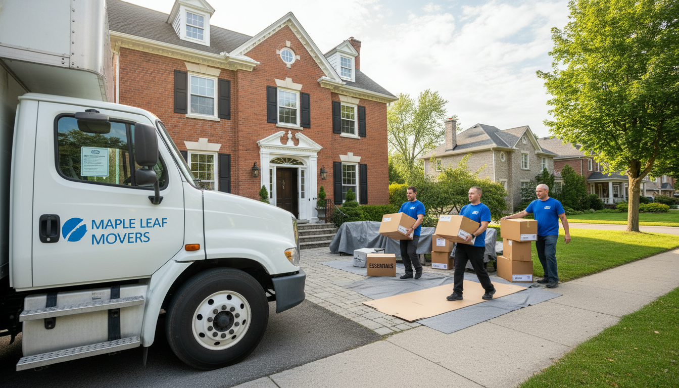 Professional movers loading labeled boxes outside a historic home in Georgetown, Ontario with a moving truck and temporary parking permit.