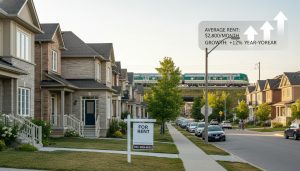 Georgetown Ontario street with houses, a For Rent sign, and GO train in the background representing rental potential and resale value.