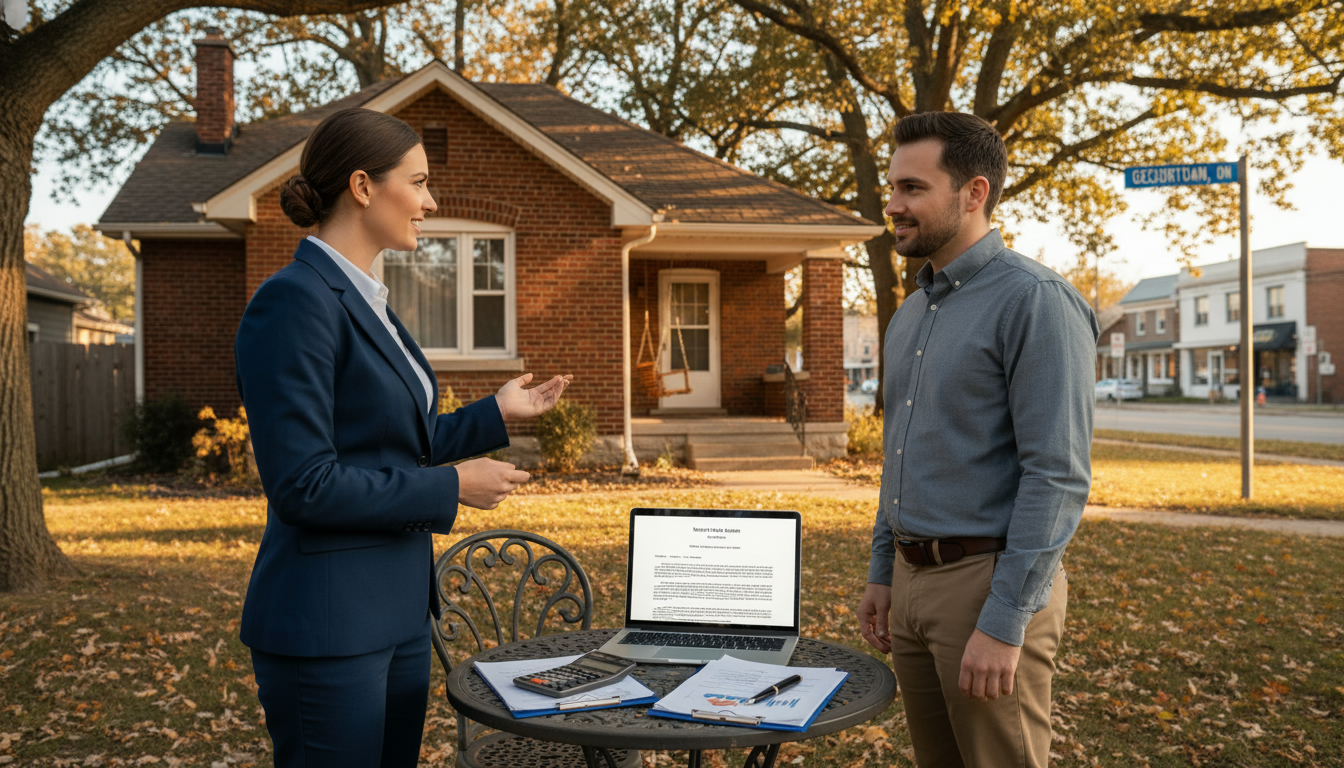Realtor advising homeowner outside a Georgetown, Ontario house with mortgage papers and laptop on a table