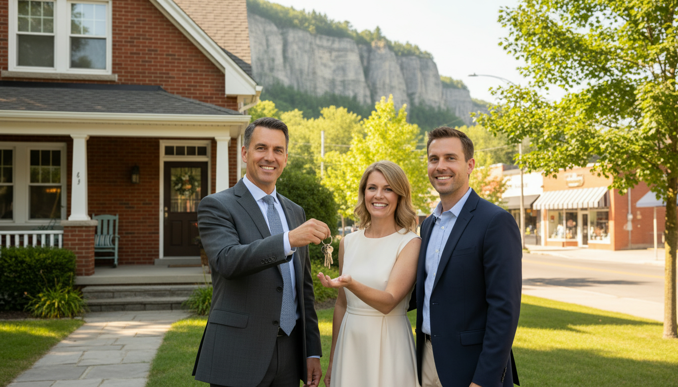 Realtor handing keys to buyers in front of a detached home in Georgetown, Ontario, with Main Street and leafy neighbourhood in background.