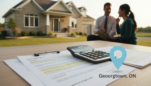 Georgetown Ontario house with mortgage documents, calculator, and realtor assisting homeowner