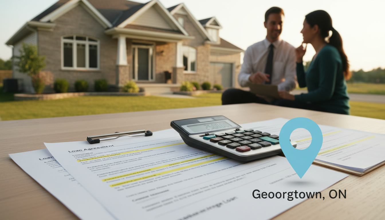Georgetown Ontario house with mortgage documents, calculator, and realtor assisting homeowner