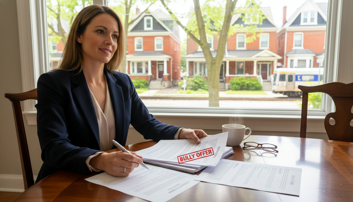 Real estate agent reviewing a bully offer contract with Georgetown neighbourhood visible through window