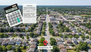 Aerial view of Georgetown Ontario neighborhood with a calculator and a tax bill overlay