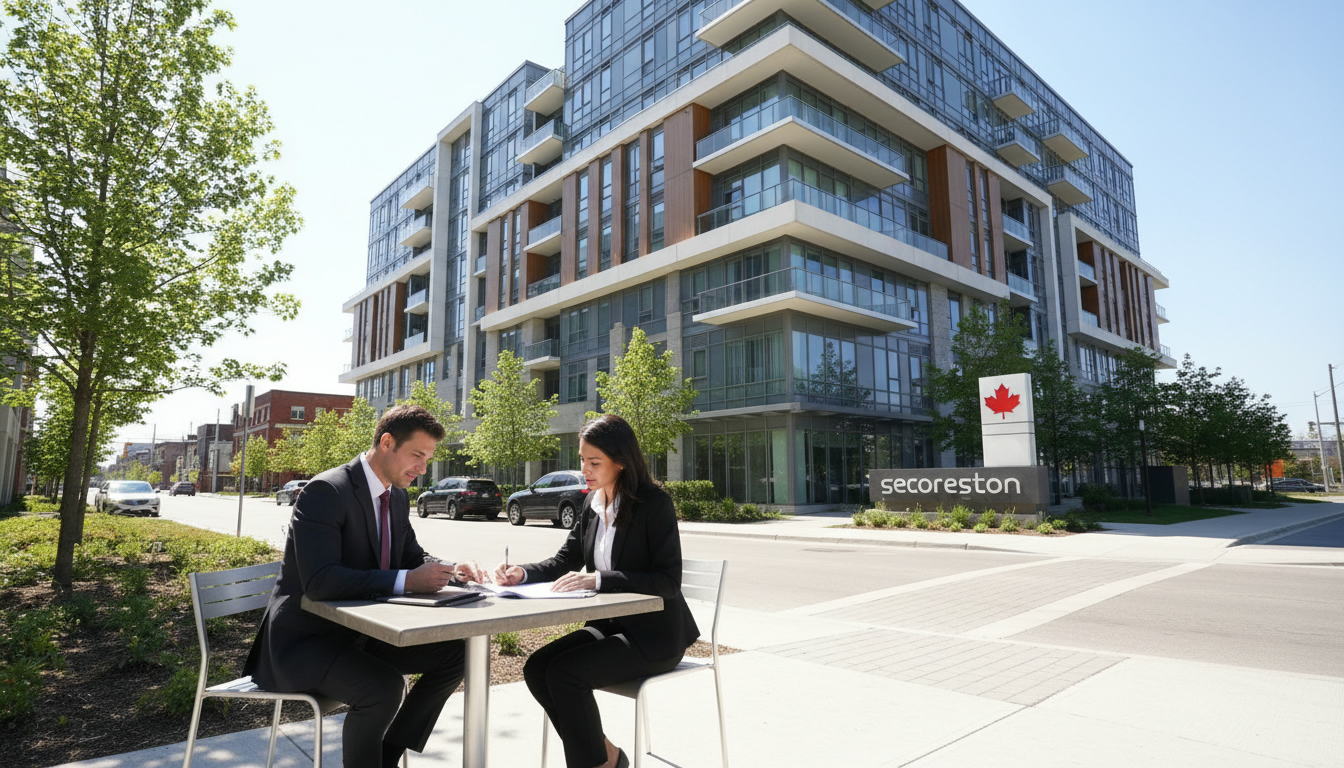 Realtor and lawyer reviewing condo purchase documents outside a modern Georgetown Ontario condo building