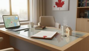 Real estate lawyer desk with sale documents, keys, and Halton Hills map for Georgetown home sale