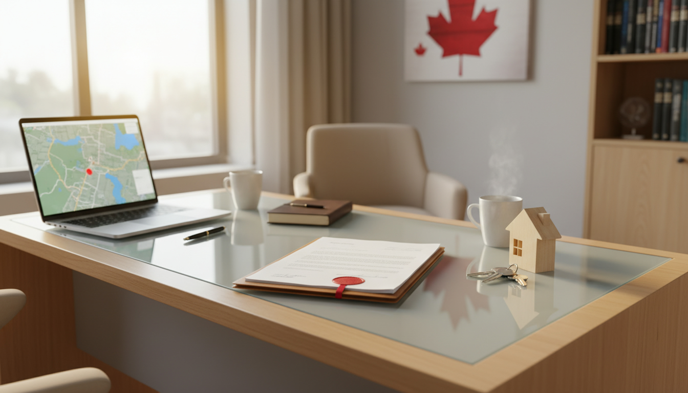 Real estate lawyer desk with sale documents, keys, and Halton Hills map for Georgetown home sale