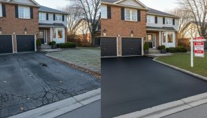 Before and after driveway repair at a Georgetown Ontario home showing cracked asphalt on the left and a freshly repaired, sealcoated driveway on the right.