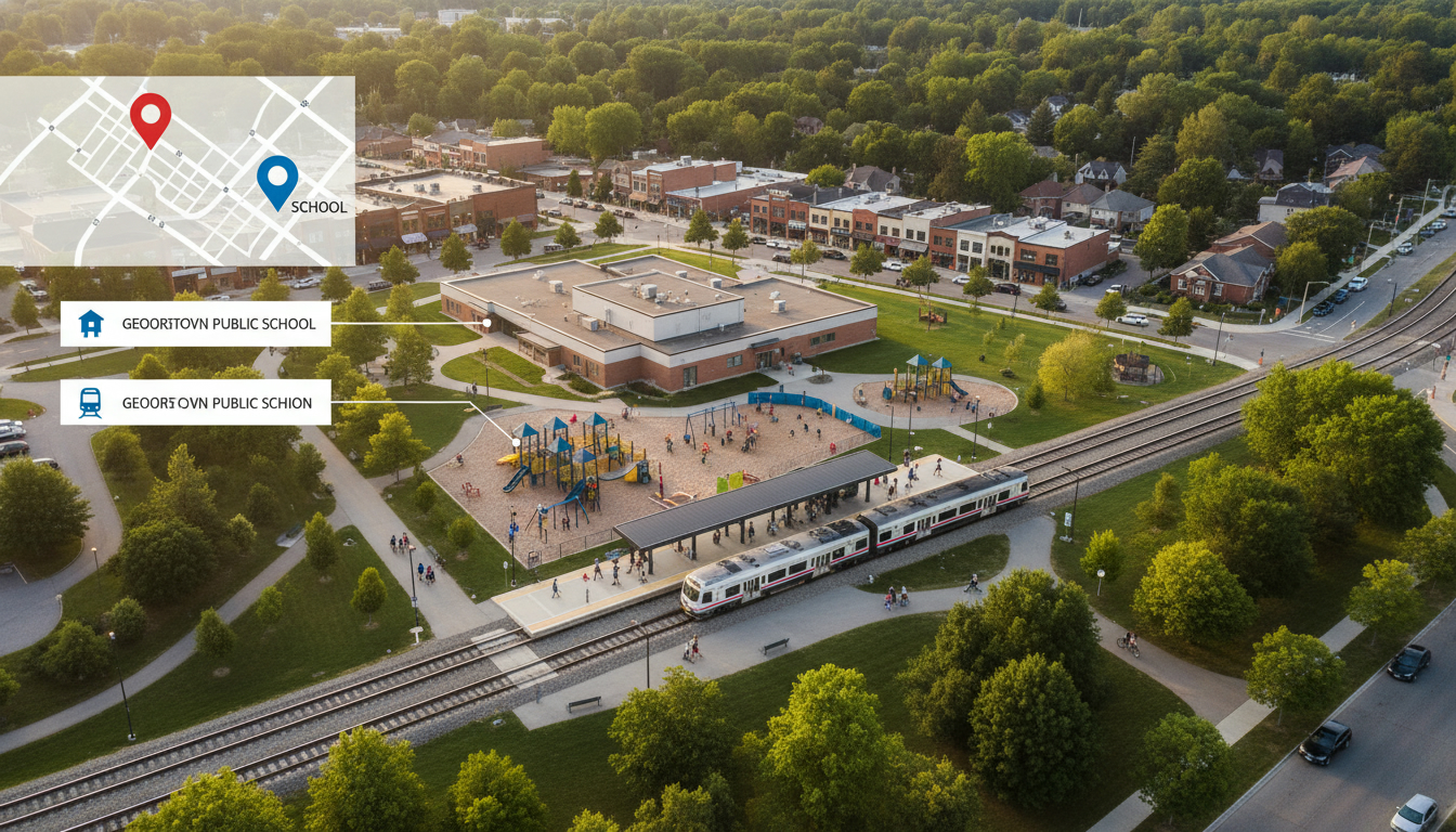 Aerial view of a Georgetown ON neighbourhood highlighting a school, GO station, trails and downtown shops with infographic labels.