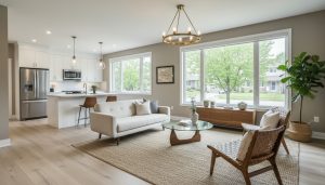 Staged modern living room in a Georgetown, Ontario home with neutral decor and natural light.