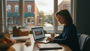 Homeowner in Georgetown, Ontario feeling anxious while reviewing a house listing on a laptop with Main Street and the Credit River visible through the window.