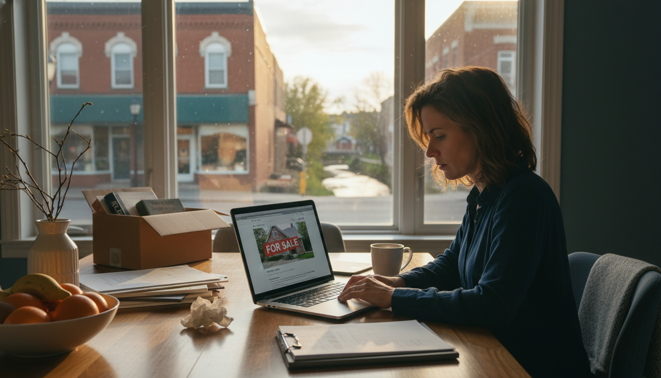 Homeowner in Georgetown, Ontario feeling anxious while reviewing a house listing on a laptop with Main Street and the Credit River visible through the window.
