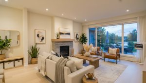 Staged, welcoming living room in a Georgetown, Ontario home with natural light and cozy decor