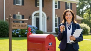Realtor outside Georgetown home holding keys and paperwork with Canada Post mailbox visible