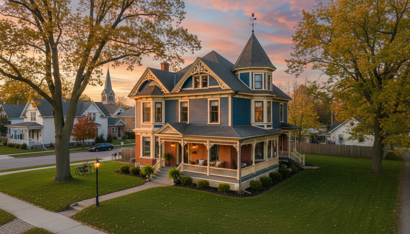 Restored century Victorian home in Georgetown, Ontario with wrap-around porch and mature trees at golden hour