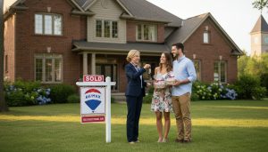 Smiling homeowners receiving keys in front of a Georgetown, Ontario home with a Sold sign