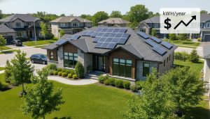 Georgetown Ontario home with solar panels on roof and infographic overlay showing energy savings and kWh per year