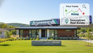 Georgetown Ontario house with pricing graph overlay and GO Transit in background representing local real estate market conditions.