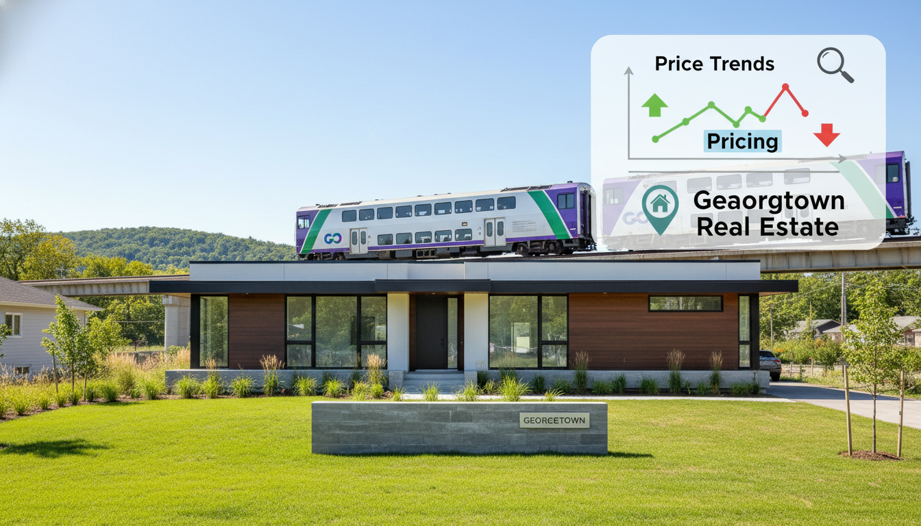 Georgetown Ontario house with pricing graph overlay and GO Transit in background representing local real estate market conditions.