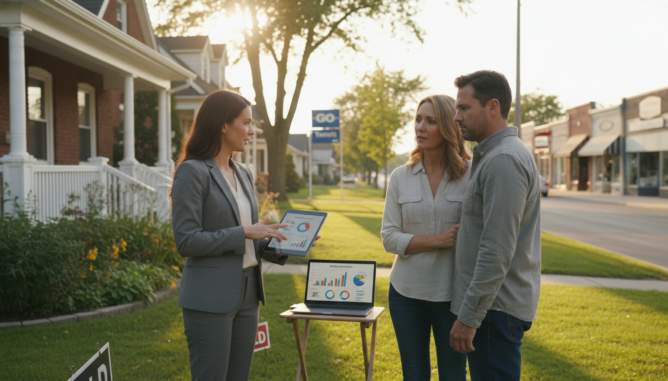 Real estate agent advising home sellers in front of a Georgetown, Ontario house with GO Transit station visible in background.