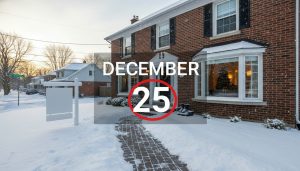 Georgetown Ontario house for sale in winter with snow, 'For Sale' sign, and a December calendar overlay