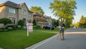 Suburban Georgetown, Ontario home with For Sale sign and photographer capturing listing photos