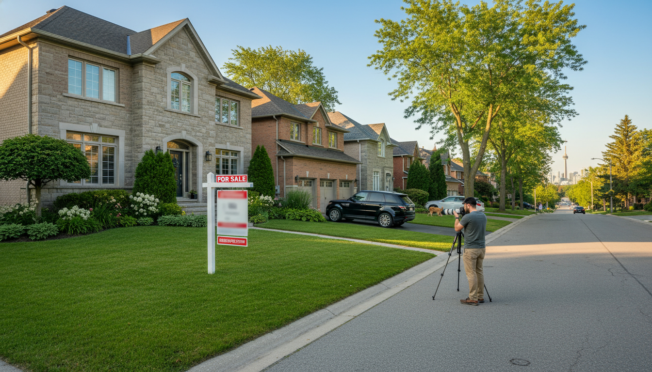 Suburban Georgetown, Ontario home with For Sale sign and photographer capturing listing photos