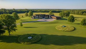 A luxury rural home in Georgetown Ontario with visible wellhead marker and septic tank lid in the yard.