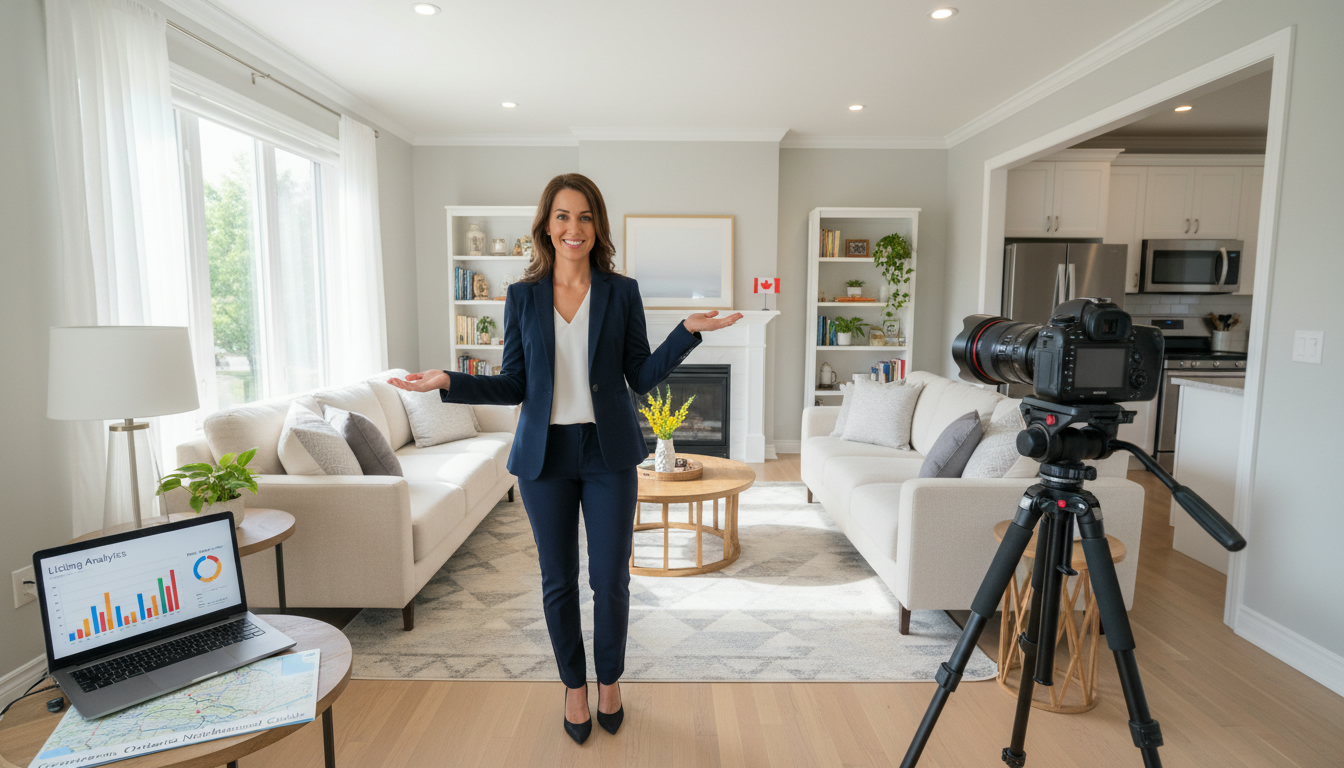 Real estate agent presenting a staged home and listing analytics in Georgetown, Ontario