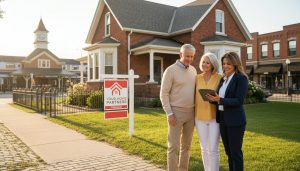 Real estate agent advising family outside a Georgetown, Ontario home near GO station