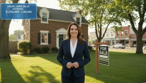 Realtor in front of a Georgetown Ontario home with a For Sale sign and a digital valuation overlay.