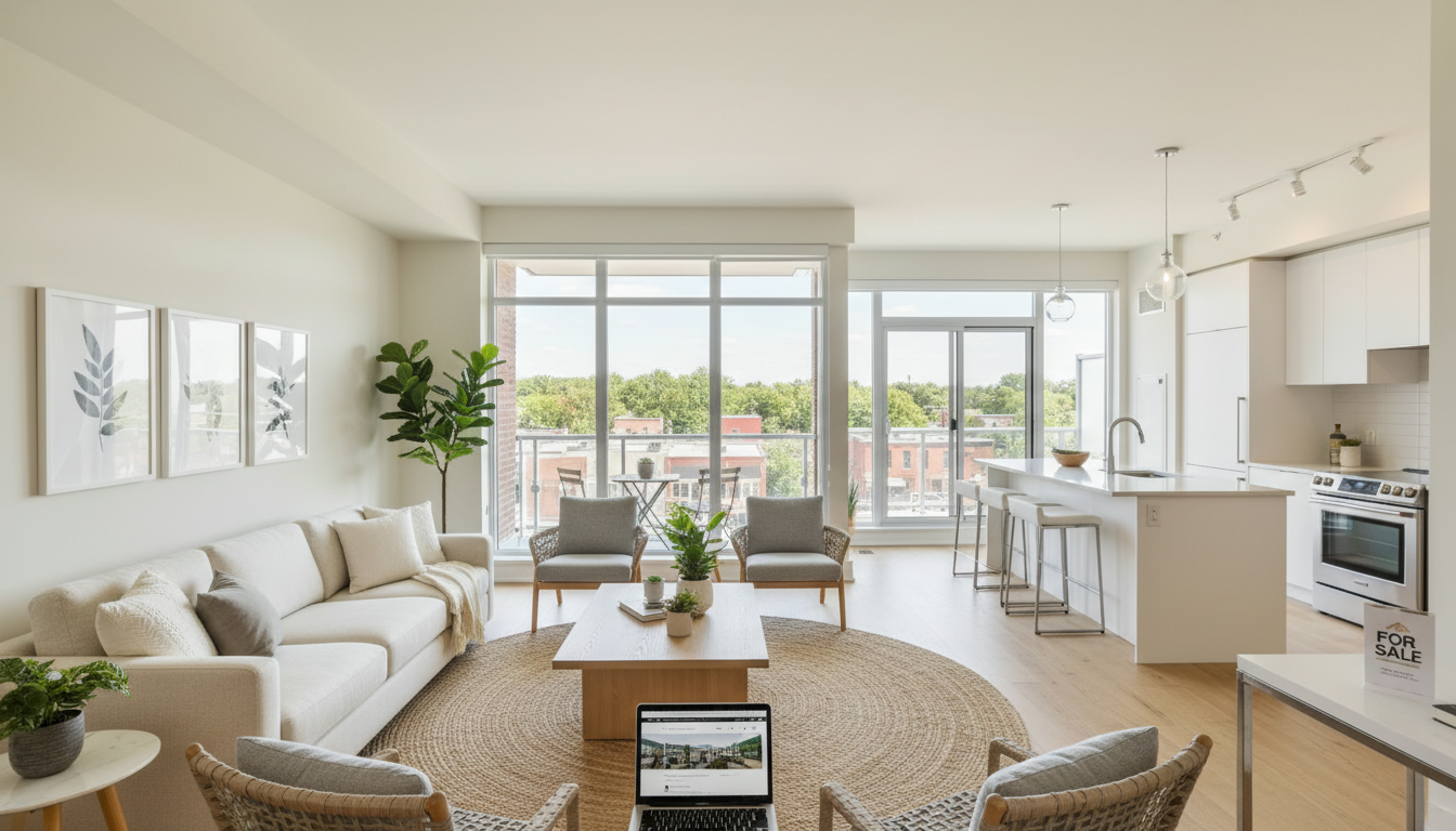 Staged Georgetown condo interior with neutral decor, balcony view, and natural light — ready for sale